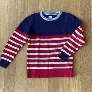 Mini Boden, striped sweater. Boy’s size 7-8y. Navy with red/ white stripes.